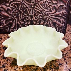 Fenton Green Satin Persian Medallion And Bearded Berry Ruffled Edge Bowl.